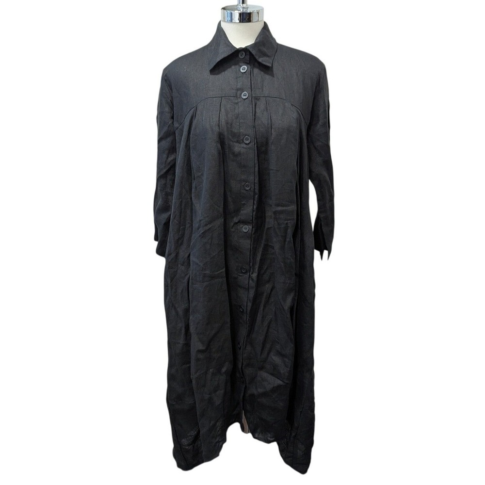 Aakasha Cocoon Linen Oversized‎ Shirt Dress Midi Tunic Button Down Black Size 6